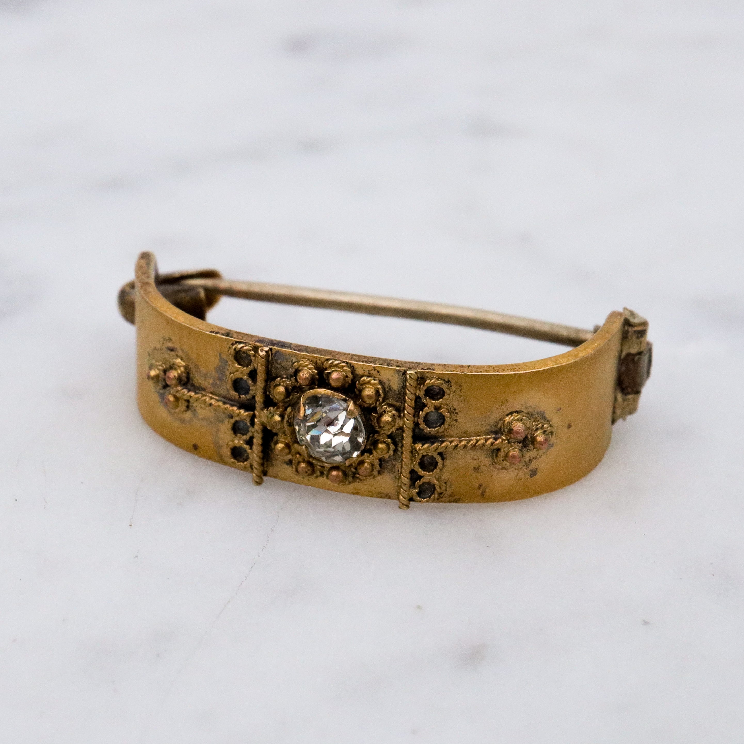 Antique Etruscan Revival gilt metal buckle scarf clip with paste crystal